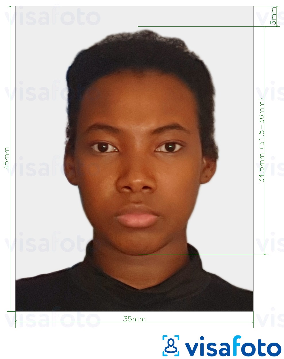 ตัวอย่างภาพถ่ายสำหรับ Cote d'Ivoire visa 4.5x3.5 ซม. (45x35 มม.) ด้วยข้อกำหนดเกี่ยวกับขนาดที่แน่นอน