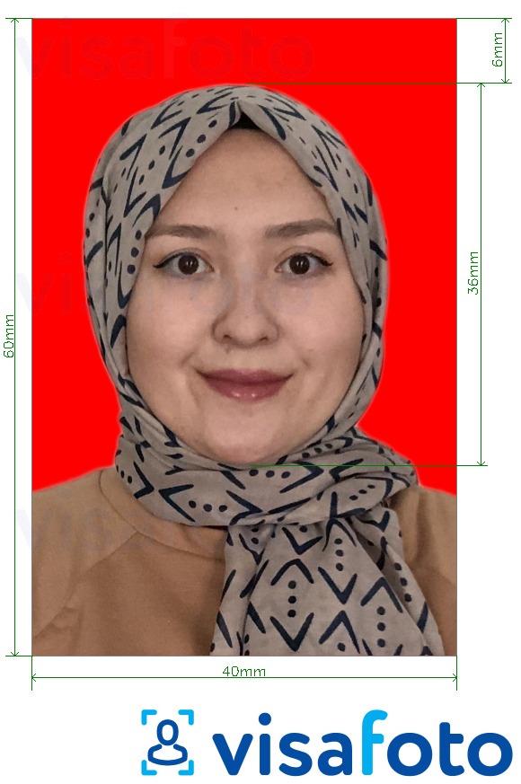 ตัวอย่างภาพถ่ายสำหรับ Indonesia Visa 4x6 ซม. พื้นหลังสีแดง ด้วยข้อกำหนดเกี่ยวกับขนาดที่แน่นอน